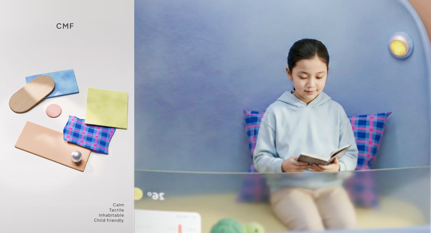 Interior material study: calm, tactile, inhabitable, child friendly, and a child reading inside the pod