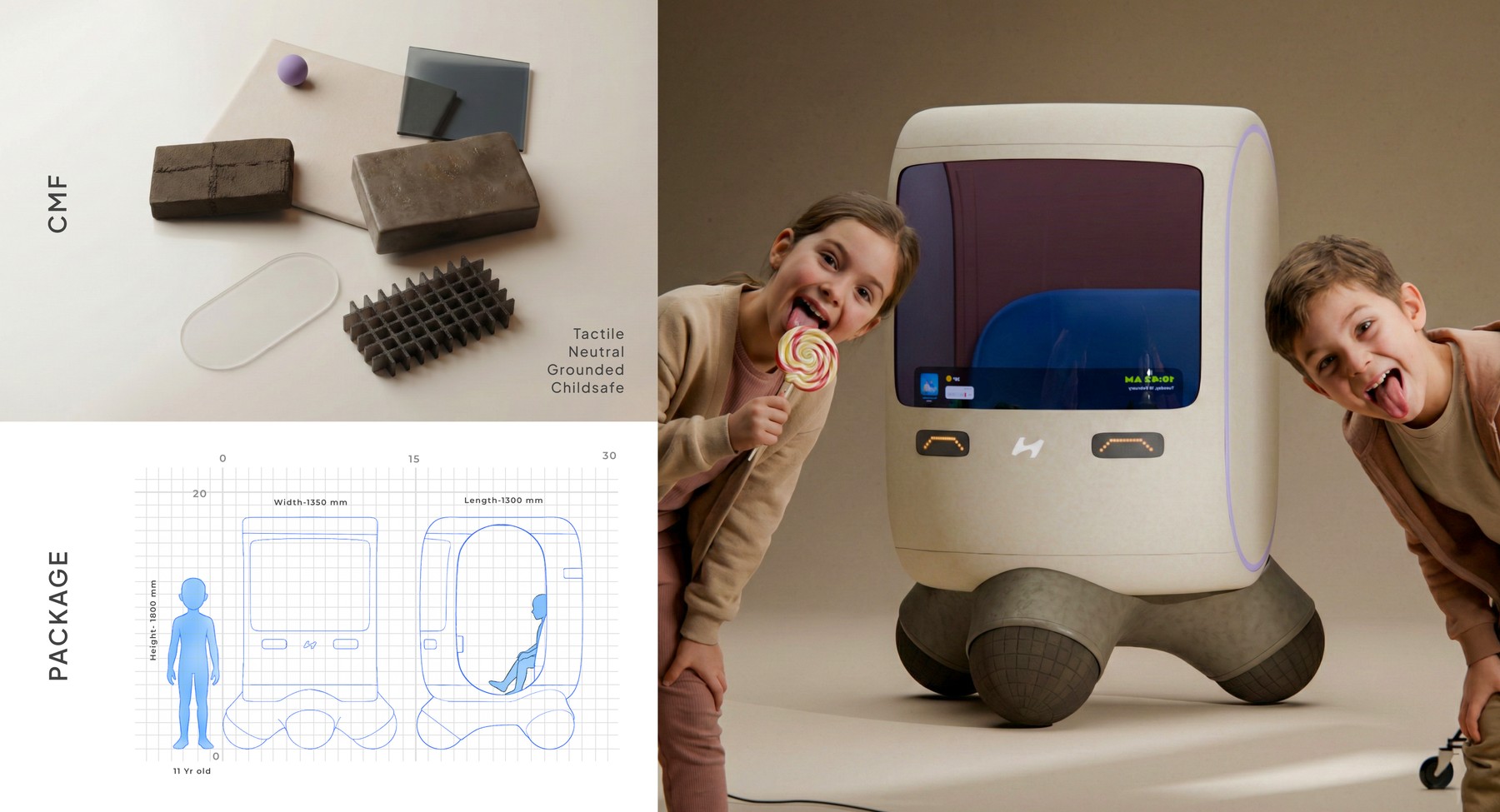 CMF materials: tactile, neutral, grounded, childsafe. Package drawing sized against an eleven year old, with two children posing at the front of the pod