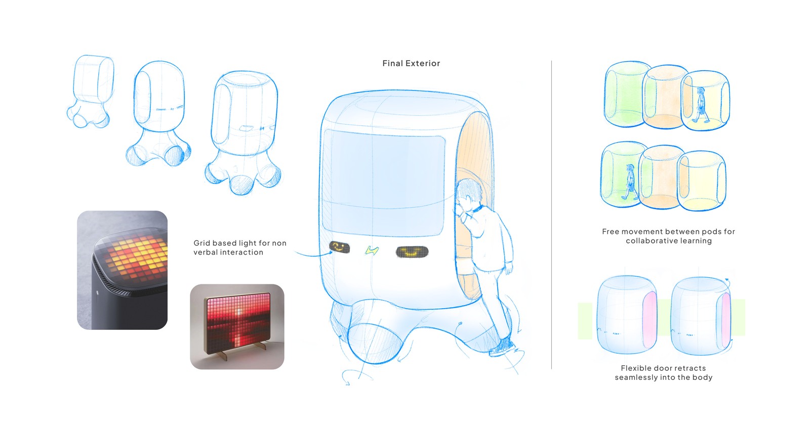 Final exterior: form evolution, grid based light for non verbal interaction, free movement between docked pods, and a door that retracts into the body