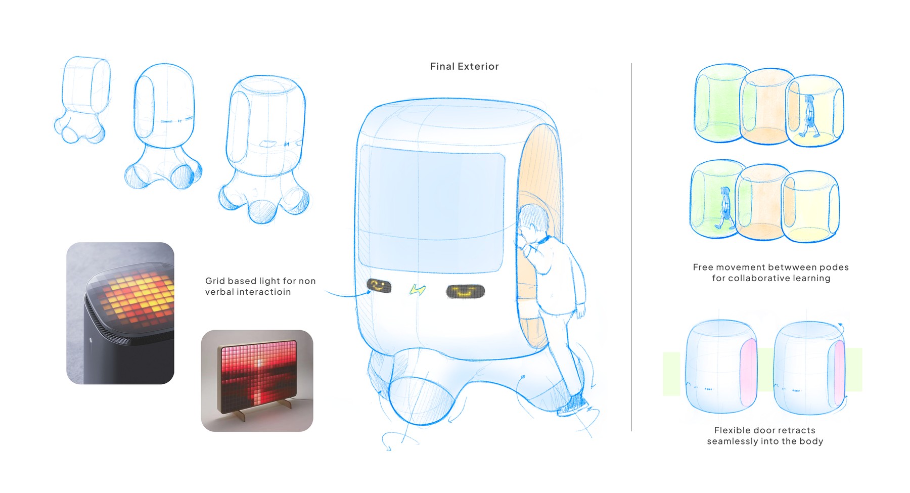 Final exterior: form evolution, grid based light for non verbal interaction, free movement between docked pods, and a door that retracts into the body