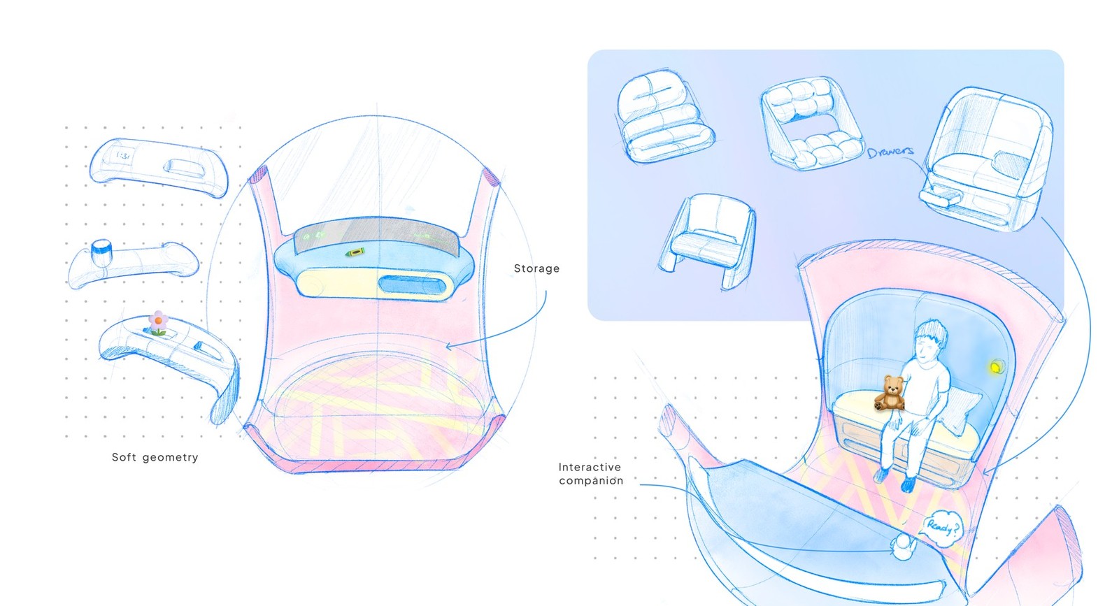 Interior ideation: soft geometry, bench storage, seating studies, and an interactive companion