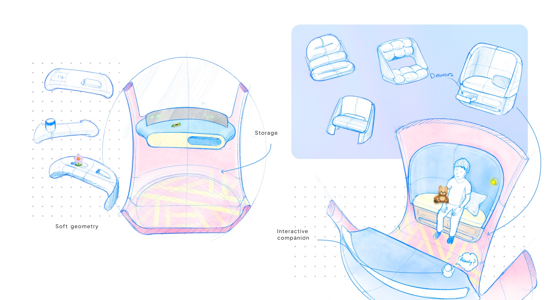 Interior ideation: soft geometry, bench storage, seating studies, and an interactive companion