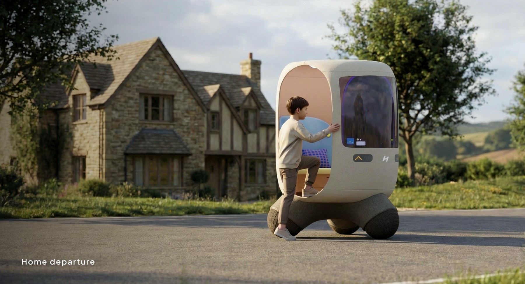 A child stepping into a Hive pod parked outside a stone cottage, home departure